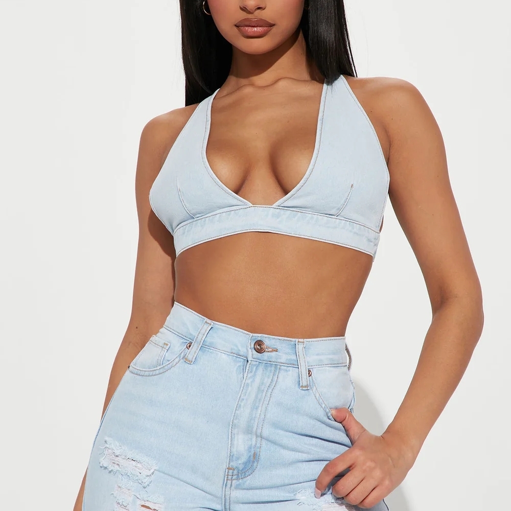 Light Blue Denim Halter Crop Top